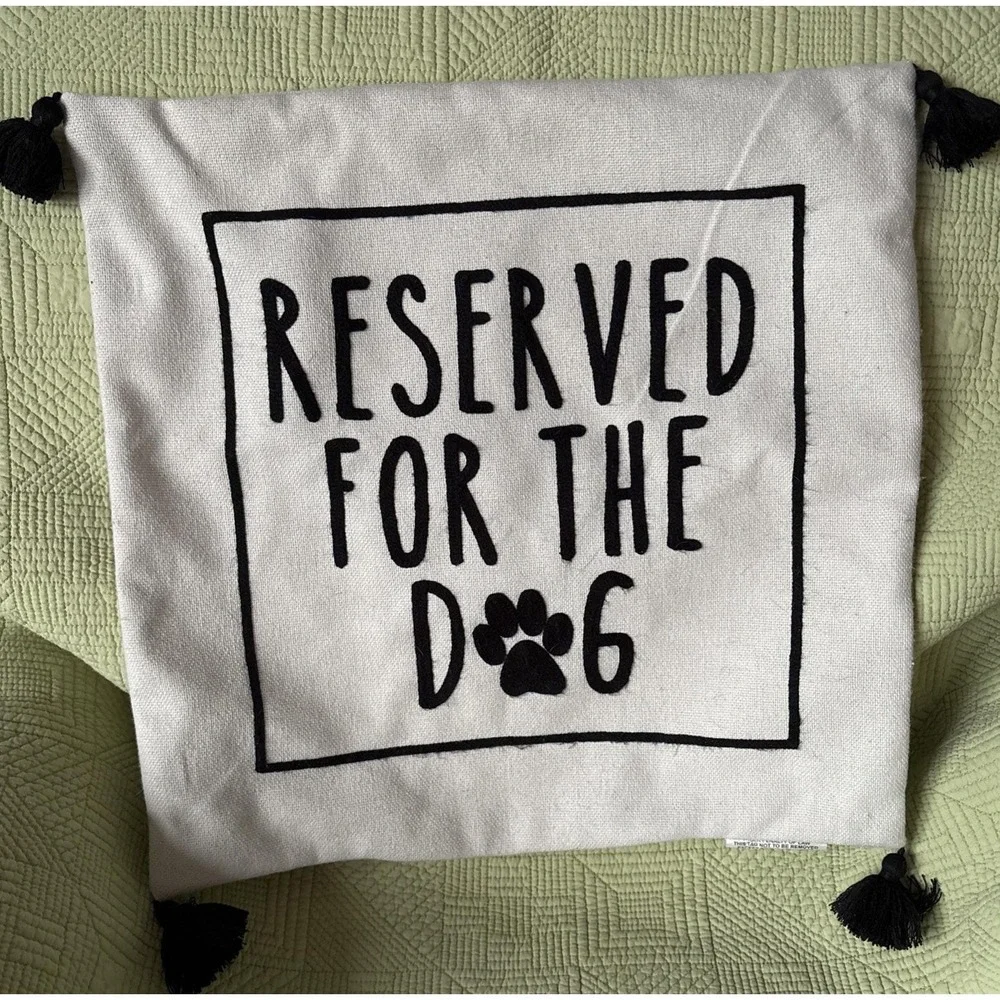 Reserved For The Dog Embroidered Accent Pillow Case White Black 17 X 17